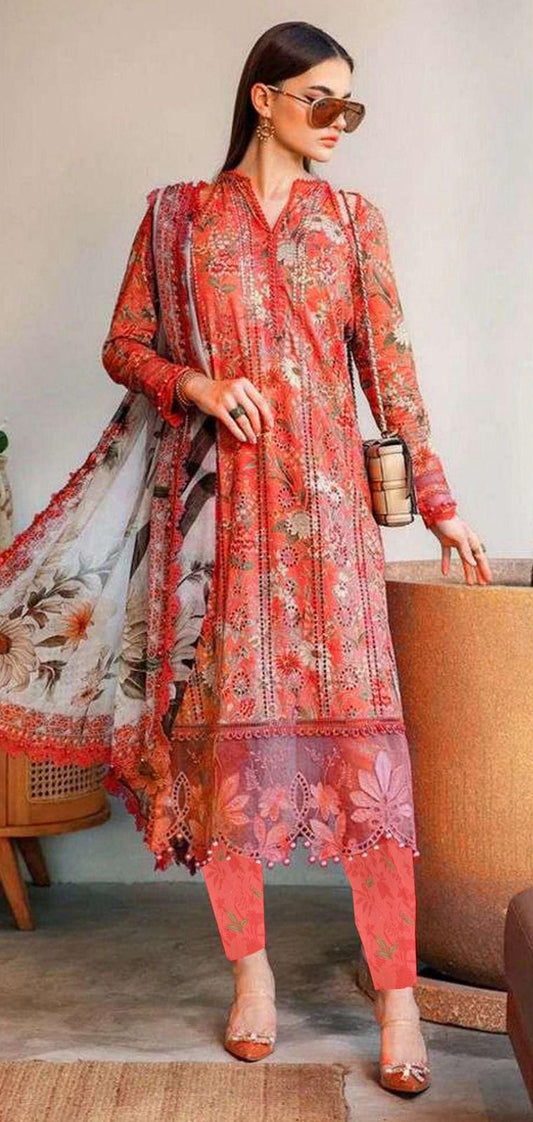2026 Maria. B Lawn Collection 3pcs Suit (Suit:Peach-Pink, Dupatta:Beige)