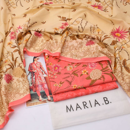 2026 Maria. B Lawn Collection 3pcs Suit (Suit:Peach-Pink, Dupatta:Beige)