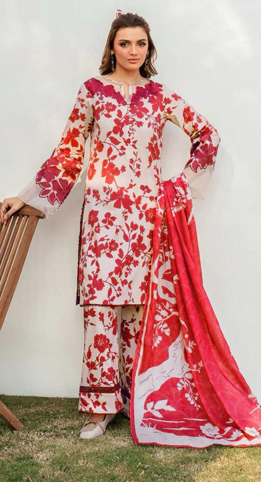 2026 IZNIK Lawn Collection 3pcs Suit (Vibrant Scarlet/ Tomato Red)